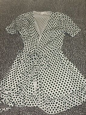 Privacy Please White Wrap Dress with Dark Green Polka Dots